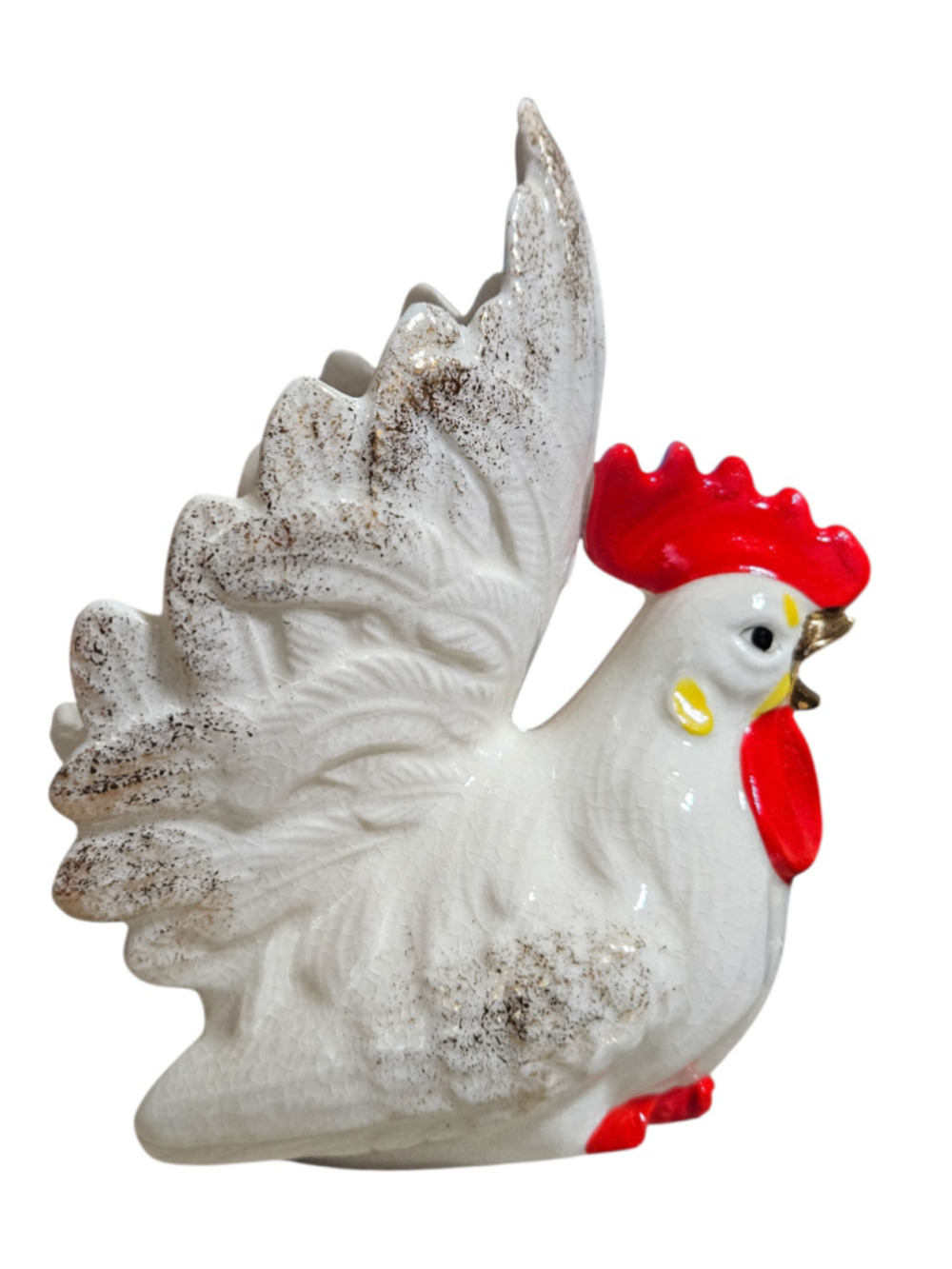 Vintage MCM Ceramic Rooster Planter White Red Gold Farmhouse Decor Small